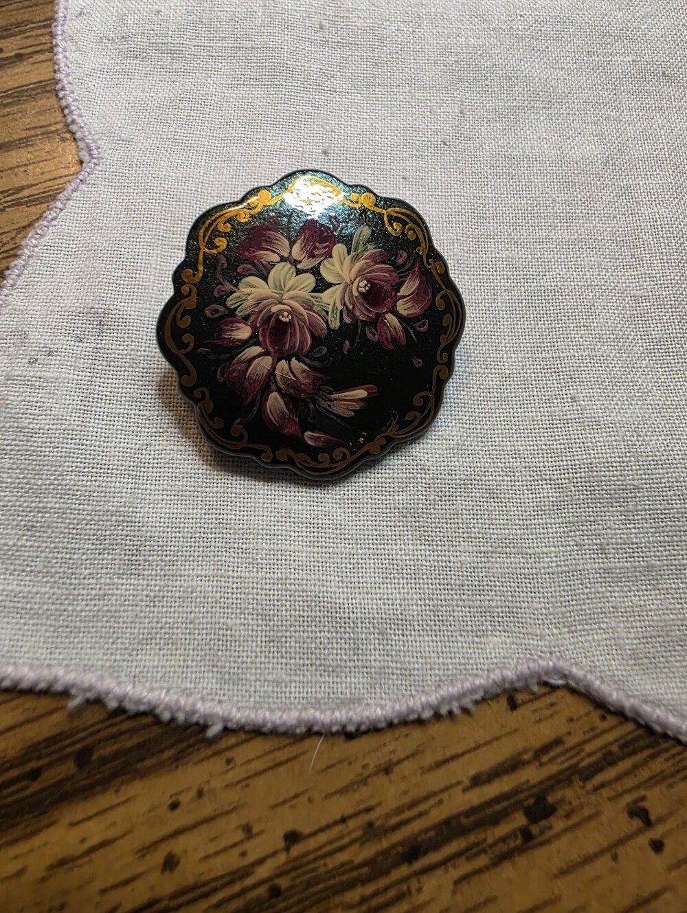 Vintage Russian Floral Hand-Painted Lacquer Pin - Black And Pink & Cream Flowers